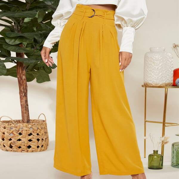 

Paperbag Waist D-ring Belted Palazzo Pants, Yellow bright