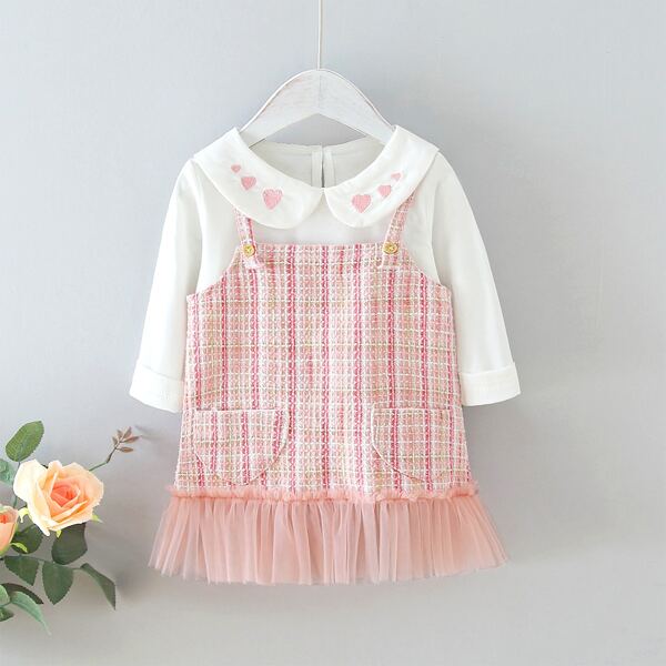 

Toddler Girls Heart Embroidery Tee With Ruffle Hem Cami Dress, Multicolor