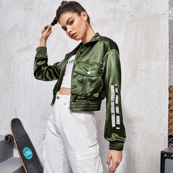 

Slogan Graphic Flap Pocket Front Jacket, Army green