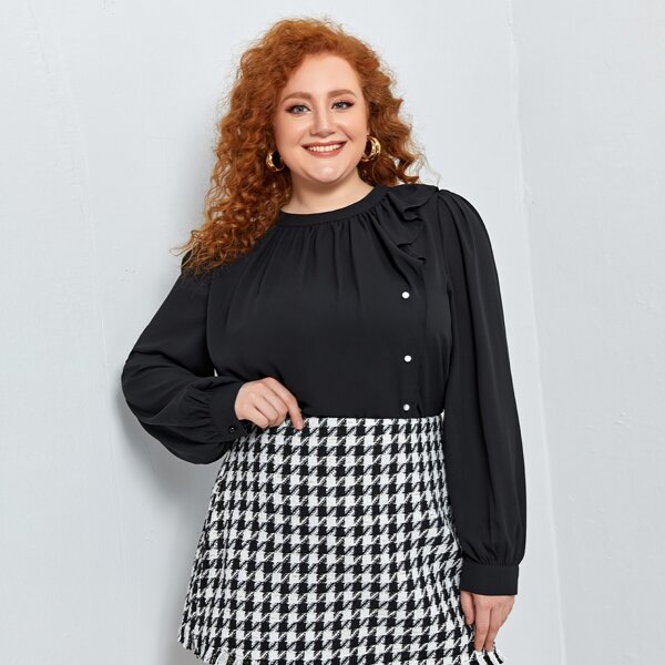 

Plus Ruffle Trim Buttoned Front Top, Black