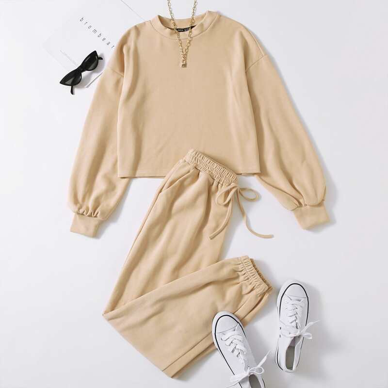

Drop Shoulder Solid Pullover & Sweatpants Set, Khaki