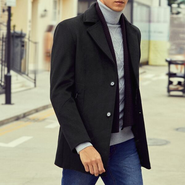 

Men Lapel Neck Single Breasted Overcoat, Black