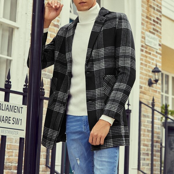 

Men Lapel Collar Plaid Overcoat, Black