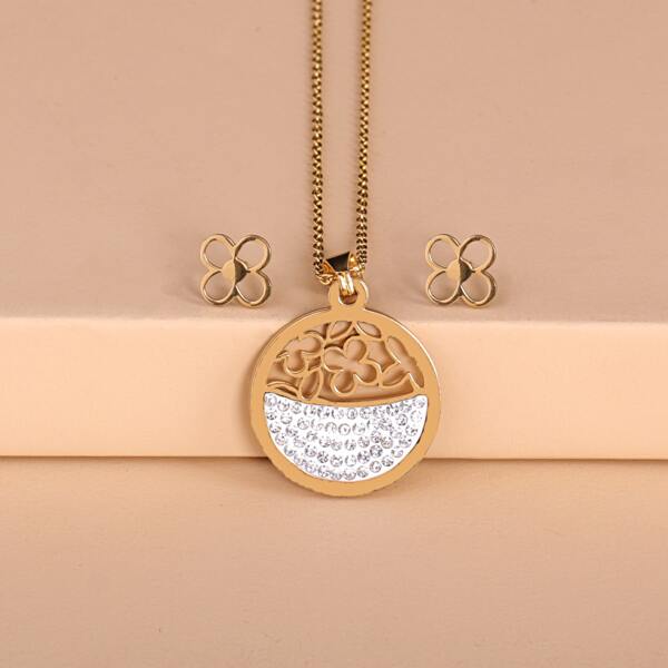 

3pcs Rhinestone Decor Hollow Out Charm Jewelry Set, Gold