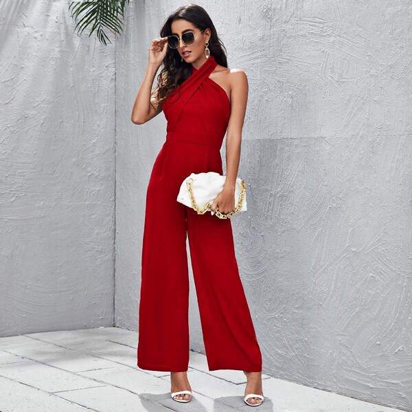 

Criss Cross Tied Backless Wide Leg Jumpsuit, Red