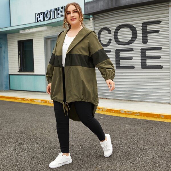 

Plus Drawstring Dip Hem Two Tone Hooded Coat, Army green