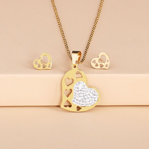 

3pcs Heart Charm Jewelry Set, Gold