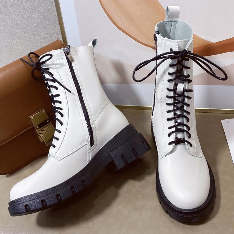 

Lace-up Lug Sole Combat Boots, White