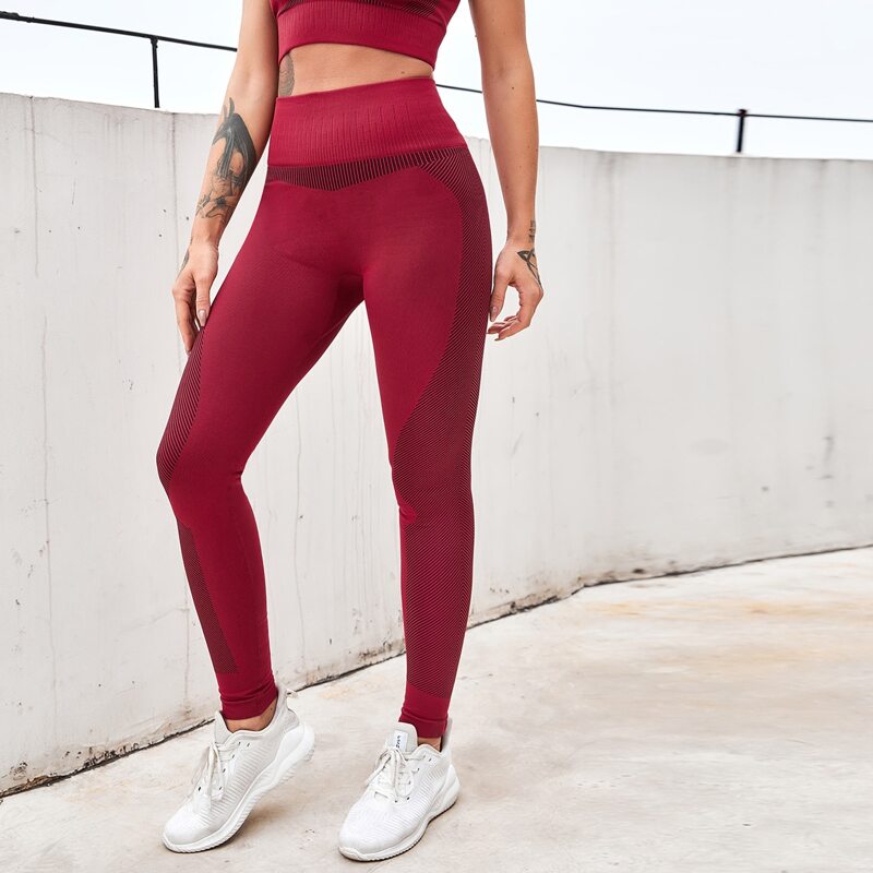 

Seamless Striped Wideband Waist Sports Leggings, Burgundy