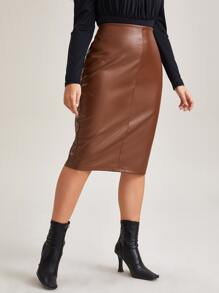 SHEIN BAE Plus Split Hem PU Leather Skirt - Coffee Brown - View 1