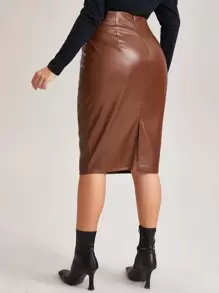 SHEIN BAE Plus Split Hem PU Leather Skirt - Coffee Brown - View 2