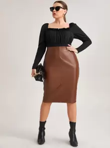 SHEIN BAE Plus Split Hem PU Leather Skirt - Coffee Brown - View 3