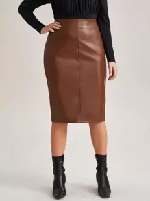 SHEIN BAE Plus Split Hem PU Leather Skirt - Coffee Brown - View 4