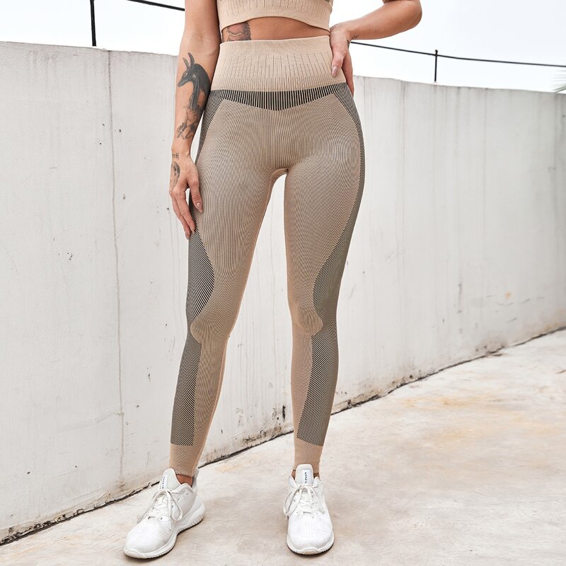 

Striped-panel Wideband Waist Sports Leggings, Khaki