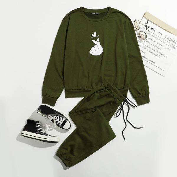 

Gesture Print Pullover and Tie Front Joggers Set, Army green