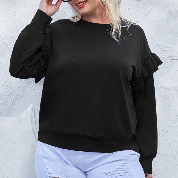 

Plus Ruffle Trimed Drop Shoulder Sweatshirt, Black