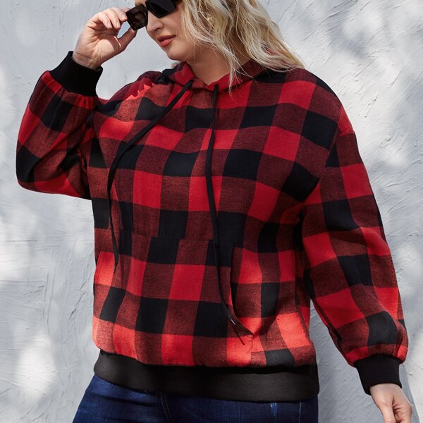 

Plus Gingham Drawstring Drop Shoulder Hoodie, Multicolor