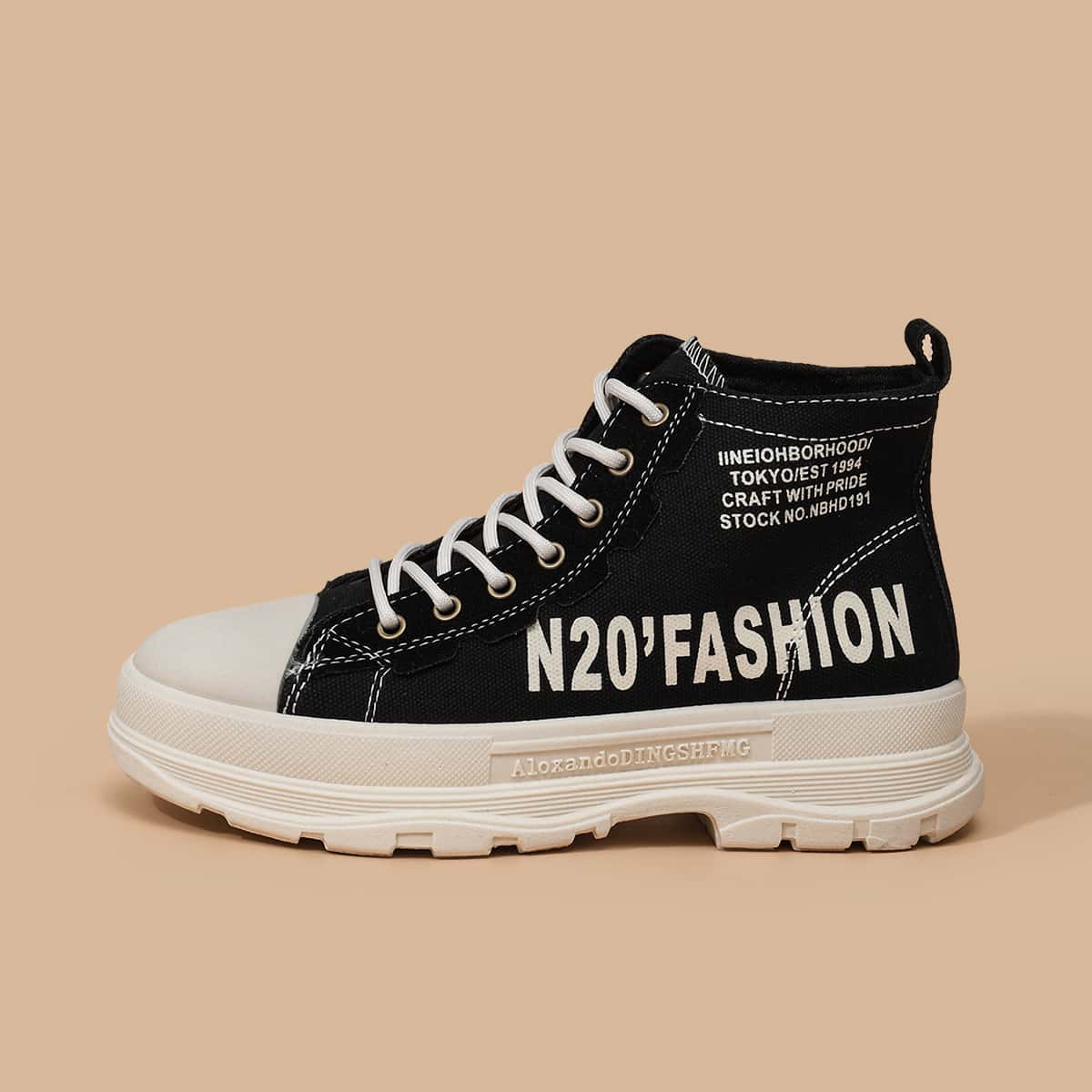 

Letter Lace-up High Top Canvas Sneakers, Black
