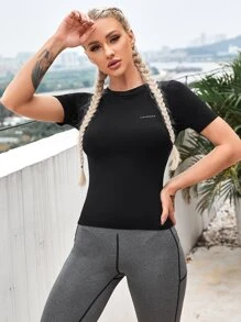 SHEIN Sports Seamless Letter Graphic Fitted Sports Tee - Black - View 3