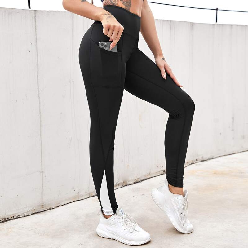 

Contrast Panel Sports Leggings With Phone Pocket, Black