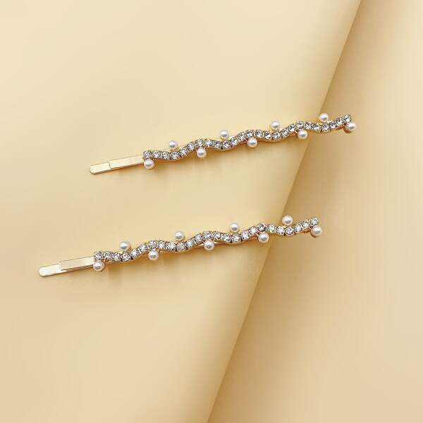 

1pair Rhinestone & Faux Pearl Decor Bobby Pin, Gold