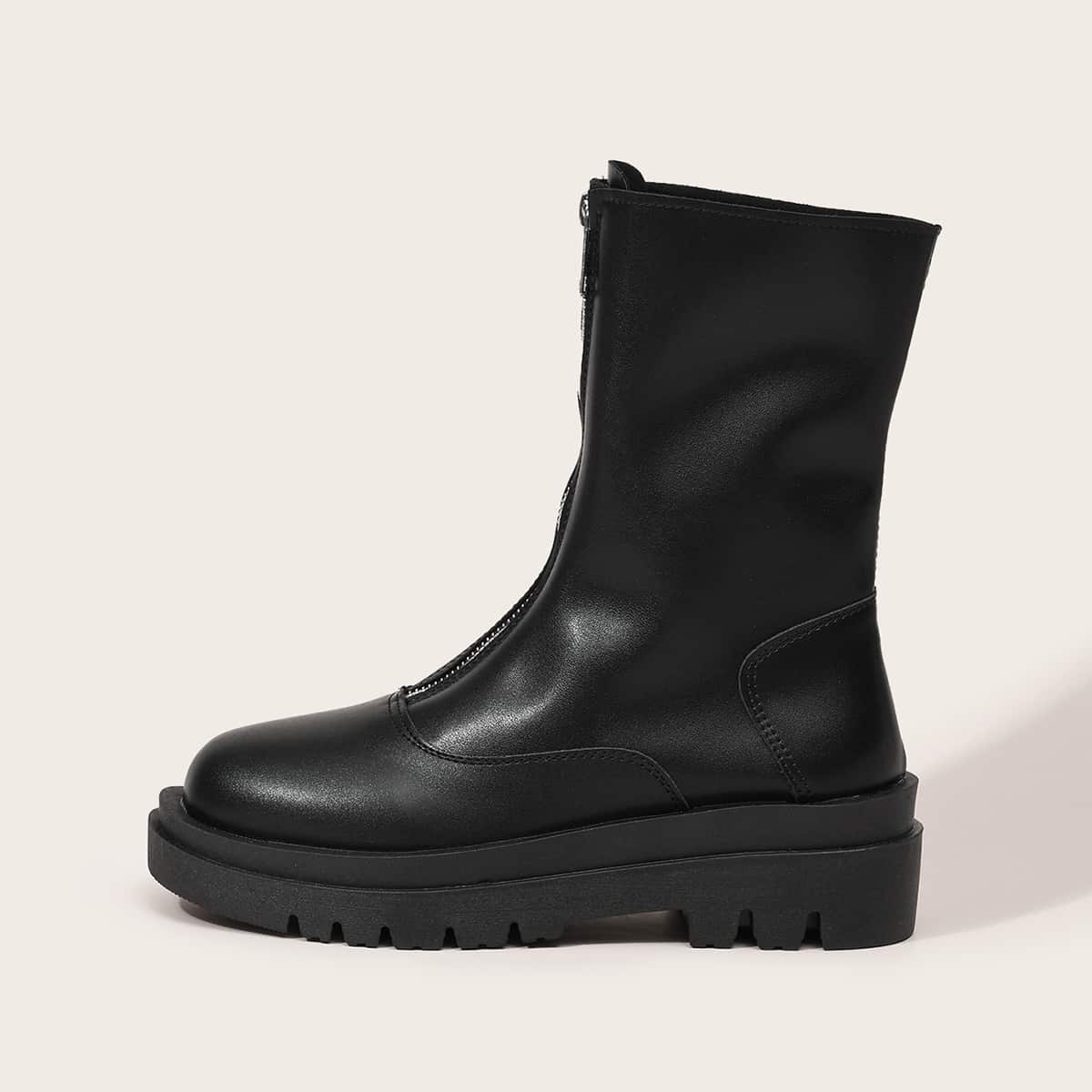 

Front Zip Lug Sole Boots, Black