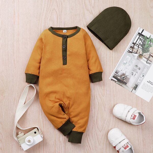 

Baby Boy Contrast Trim Half Button Jumpsuit & Hat, Mustard yellow