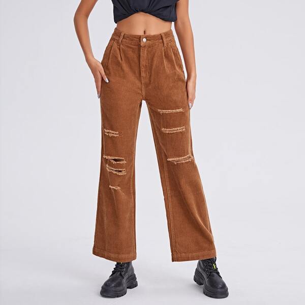 

Ripped Detail Cord Pants, Brown