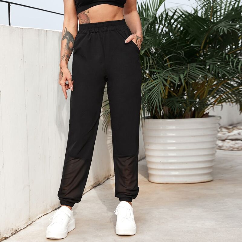 

Contrast Mesh Slant Pocket Sports Pants, Black
