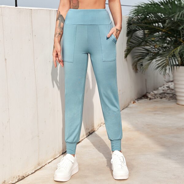 

Wide Waistband Solid Sports Pants, Baby blue