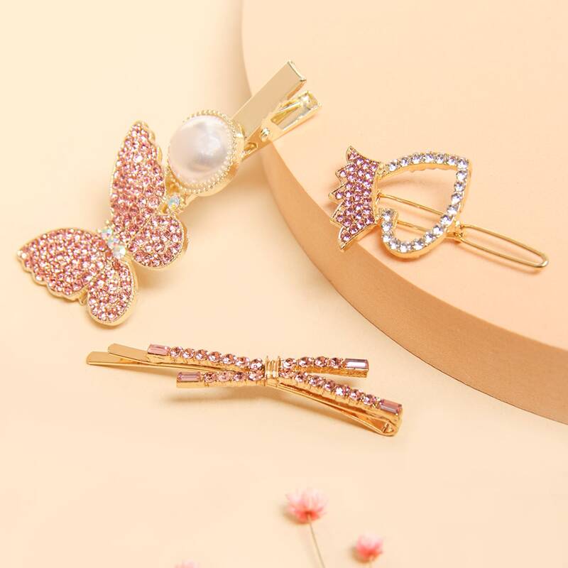 

3pcs Rhinestone Decor Hair Clip, Gold