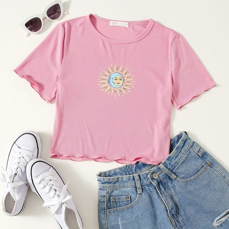 

Sun & Moon Graphic Ribbed Crop Tee, Pink