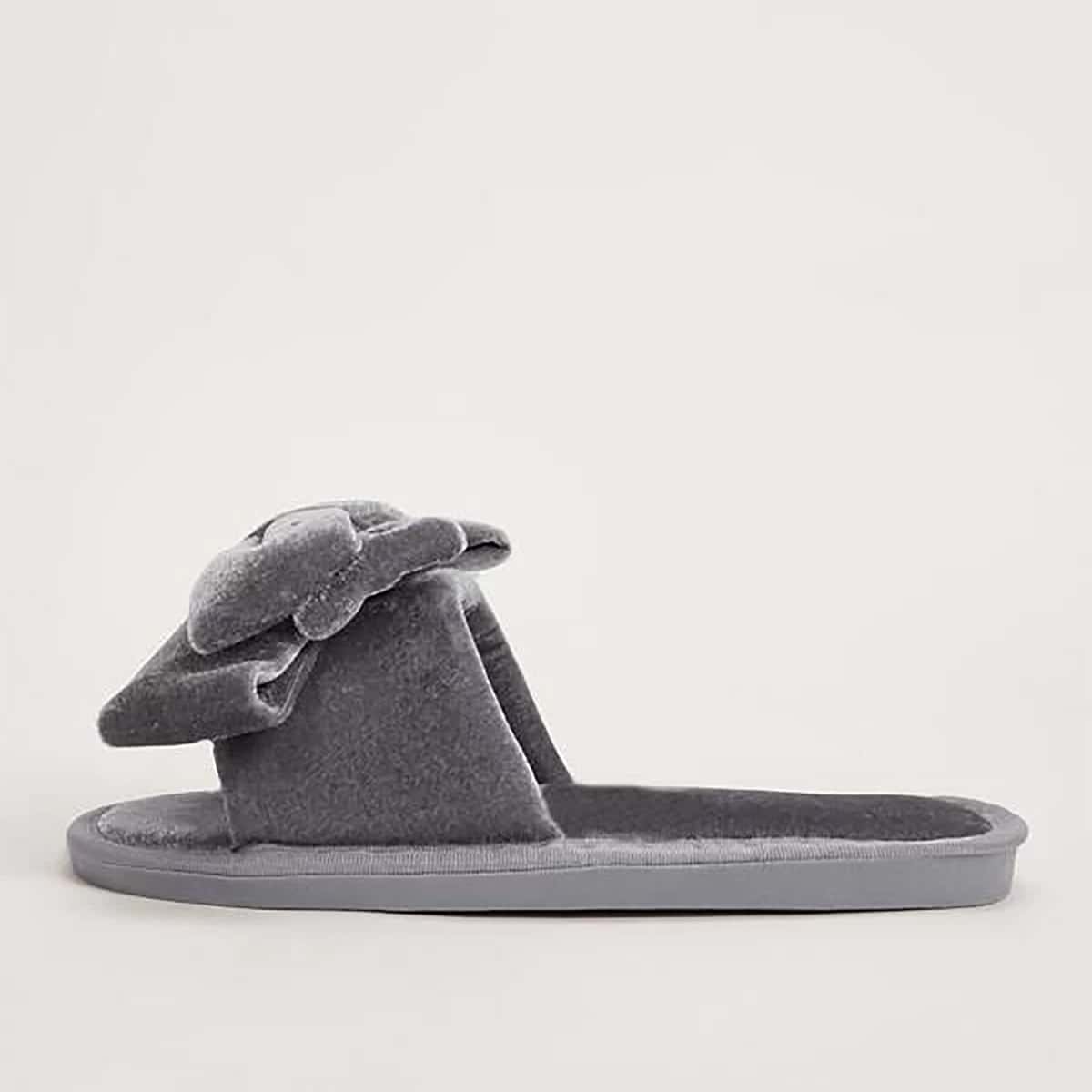 

Velvet Bow Tie Fluffy Slippers, Grey