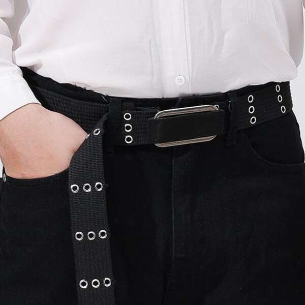 

Men Eyelet Decor Tape Belt, Black