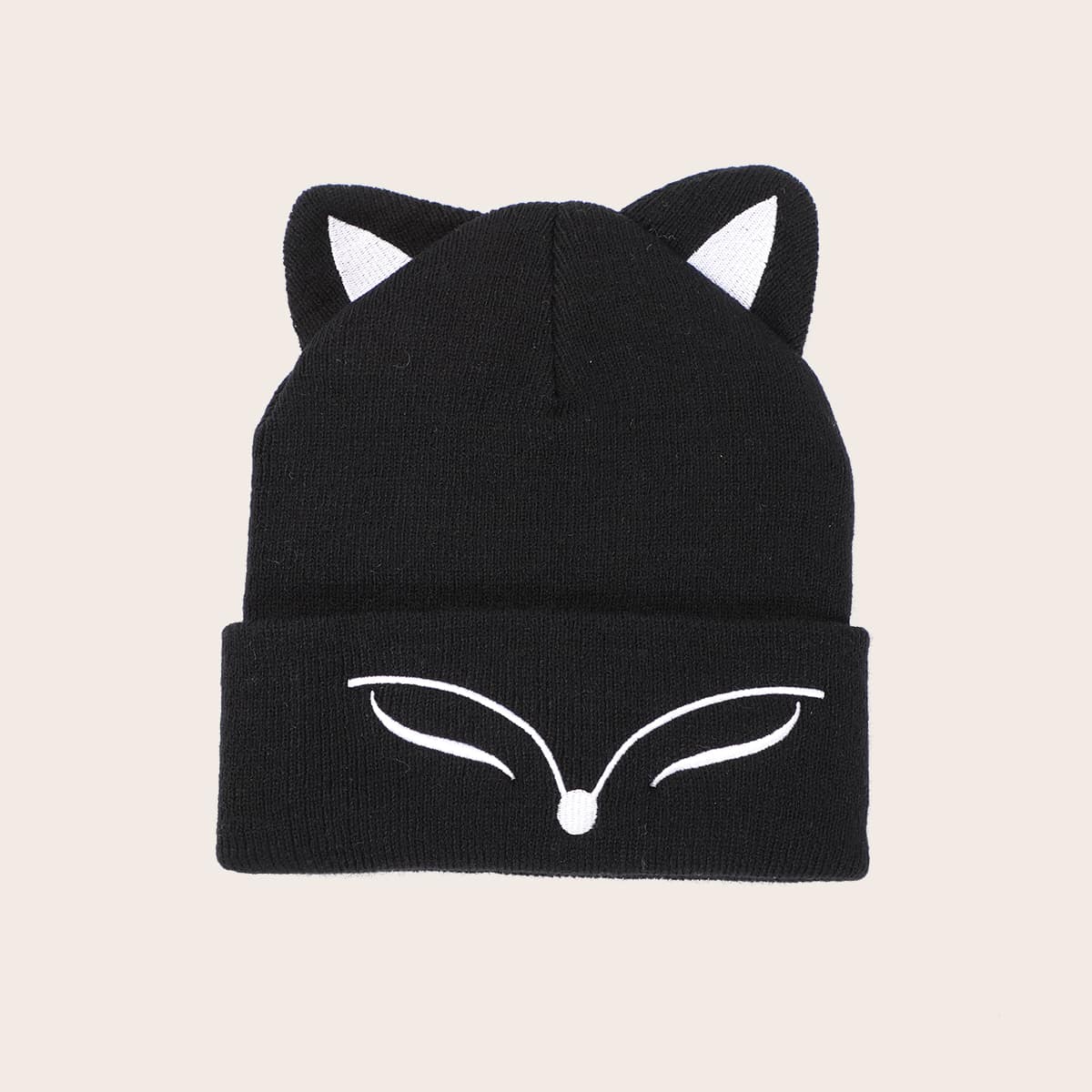 

Fox Ear Embroidery Beanie, Black