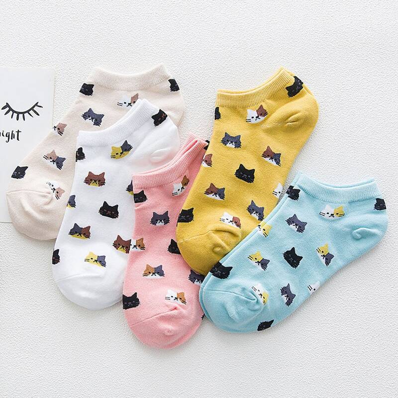 

5pairs Cartoon Cat Ankle Socks, Multicolor