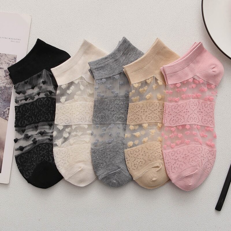 

5pairs Contrast Heart Mesh Ankle Socks, Multicolor