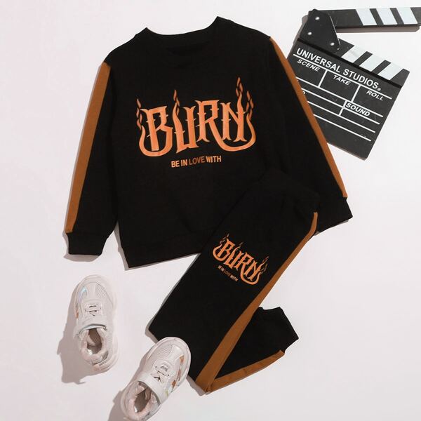 

Toddler Boys Slogan Graphic Side Seam Sweatshirt & Sweatpants, Black