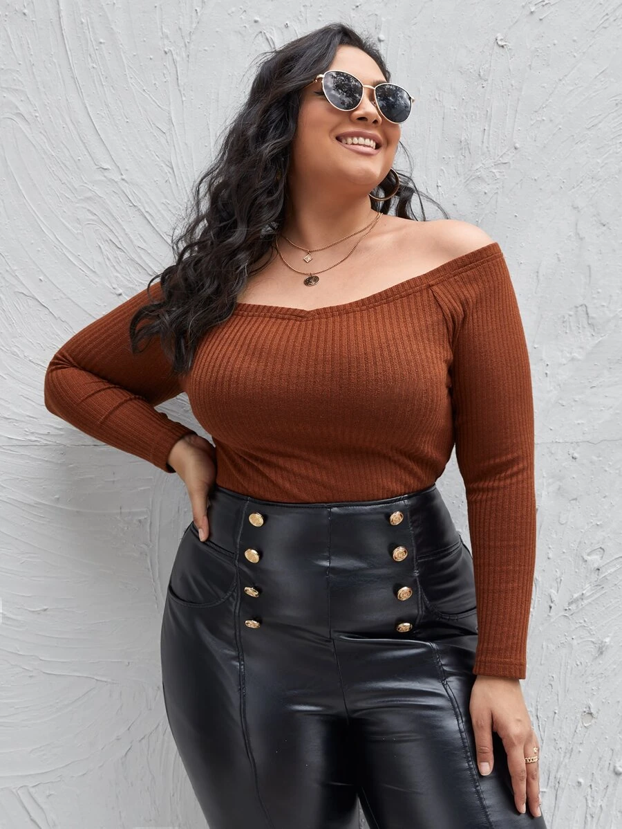 SHEIN Essnce Plus Off Shoulder Rib-knit Tee - Rust Brown - View 1