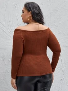 SHEIN Essnce Plus Off Shoulder Rib-knit Tee - Rust Brown - View 2