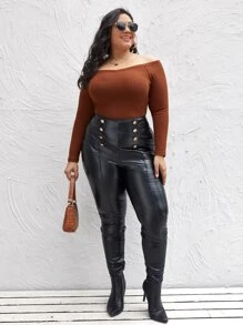 SHEIN Essnce Plus Off Shoulder Rib-knit Tee - Rust Brown - View 4