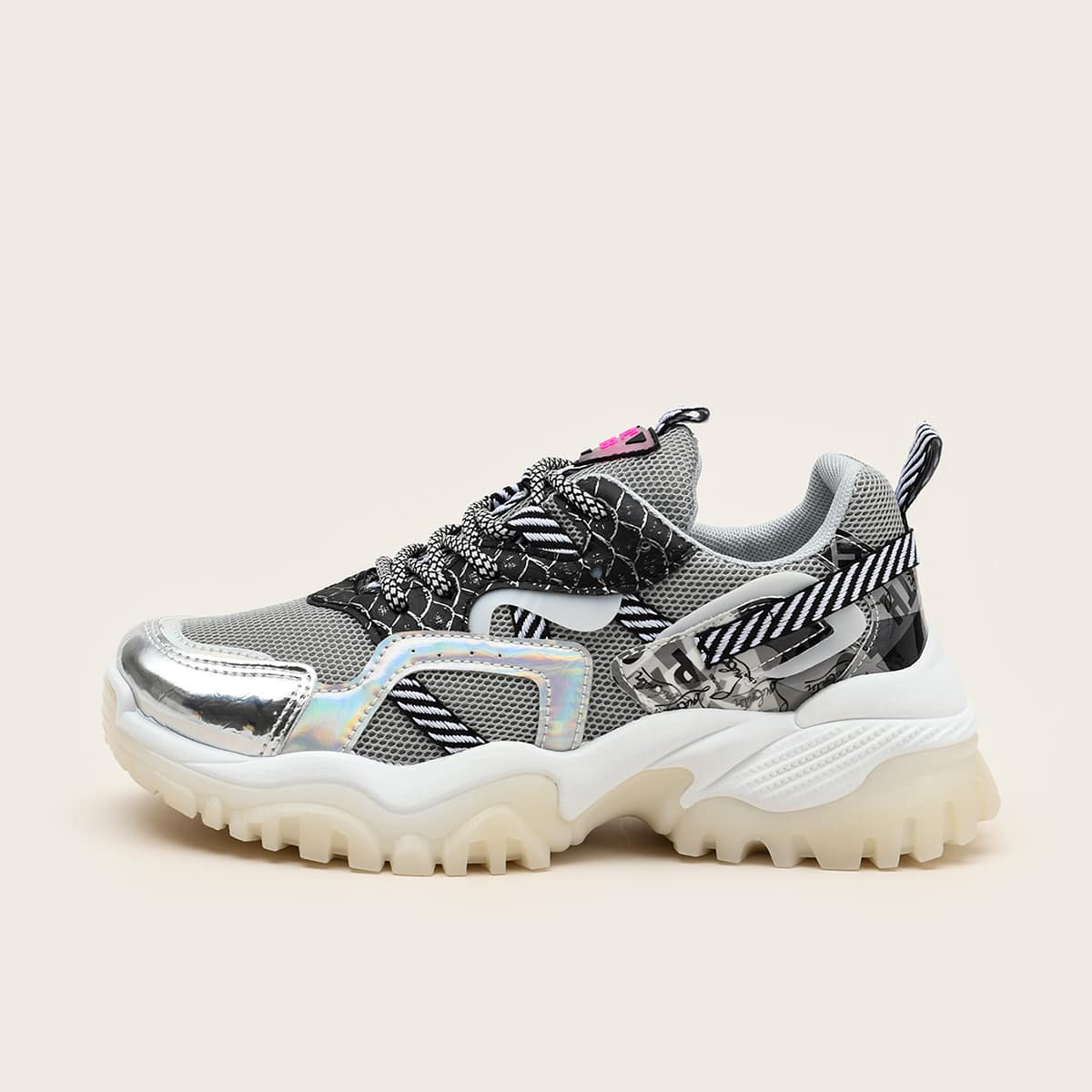 

Fish Scale Lace-up Chunky Sneakers, Grey