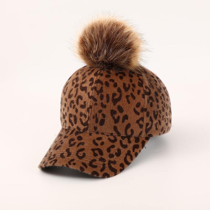 

Pom Pom Leopard Baseball Cap, Brown