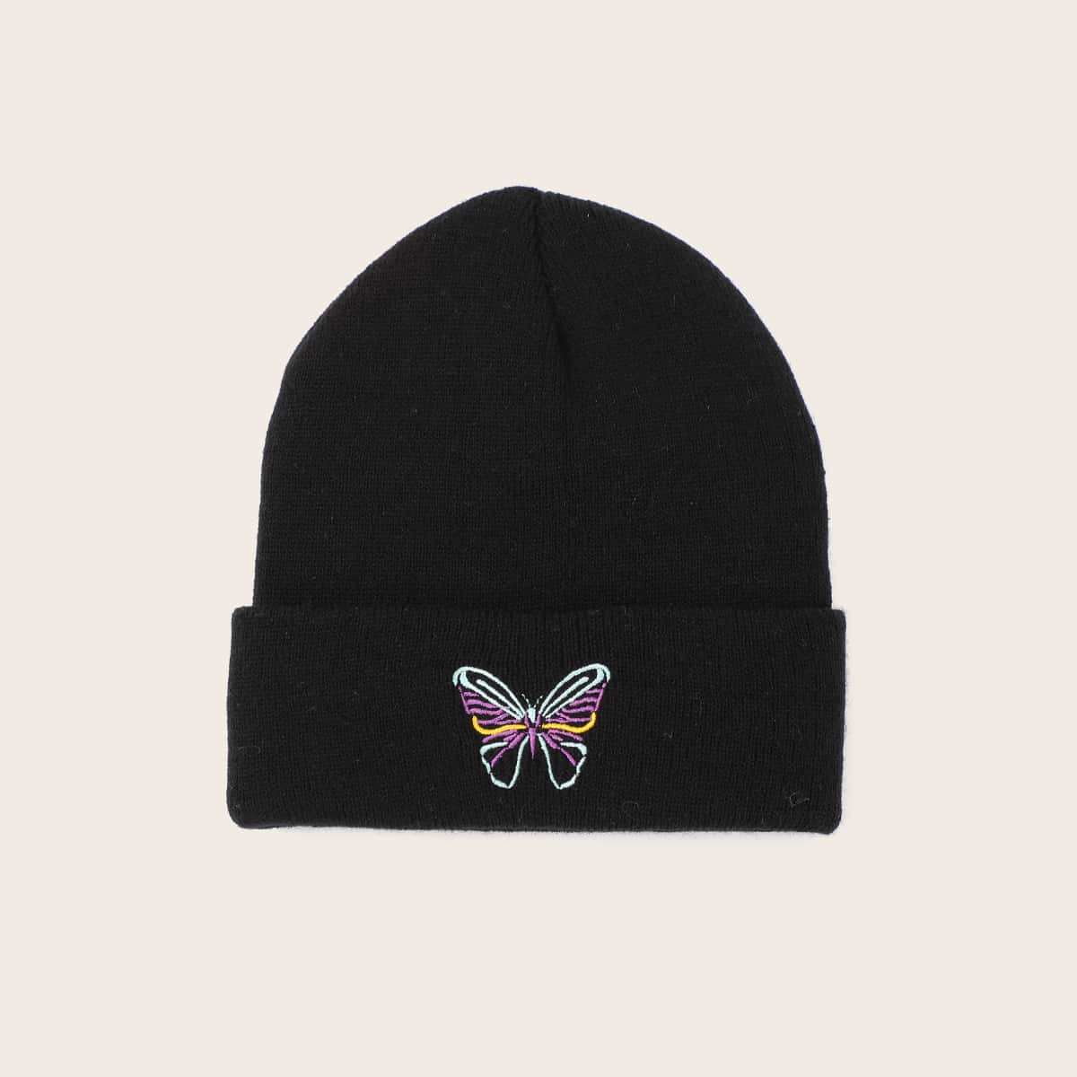 

Butterfly Embroidery Beanie, Black