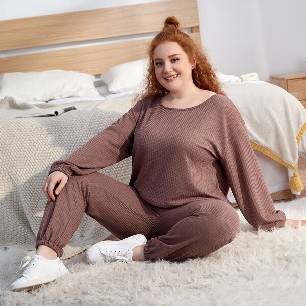 

Plus Waffle Knit Drop Shoulder Pajama Set, Redwood