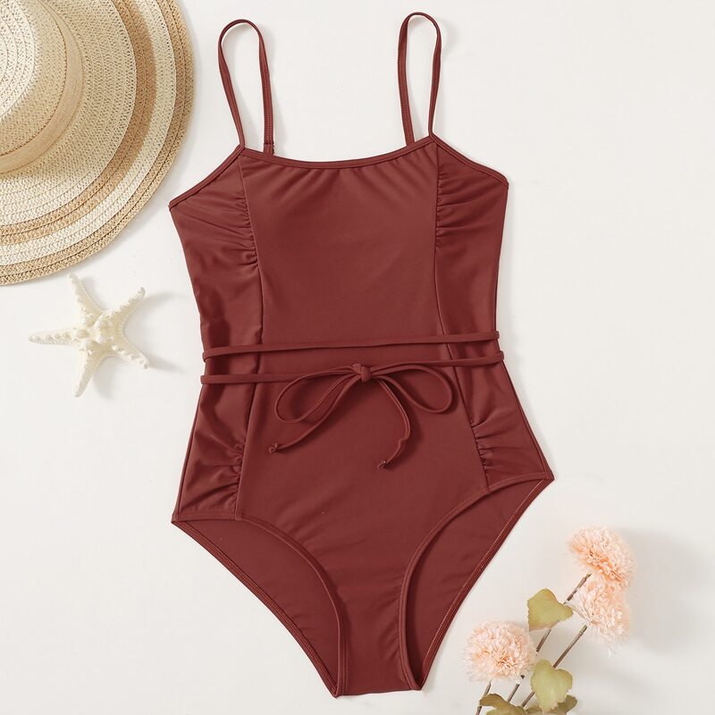 

Plain Tie Front One Piece Swimsuit, Redwood