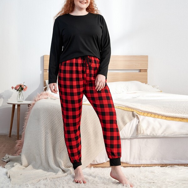 

Plus Solid Top With Gingham Knot Pants PJ Set, Multicolor