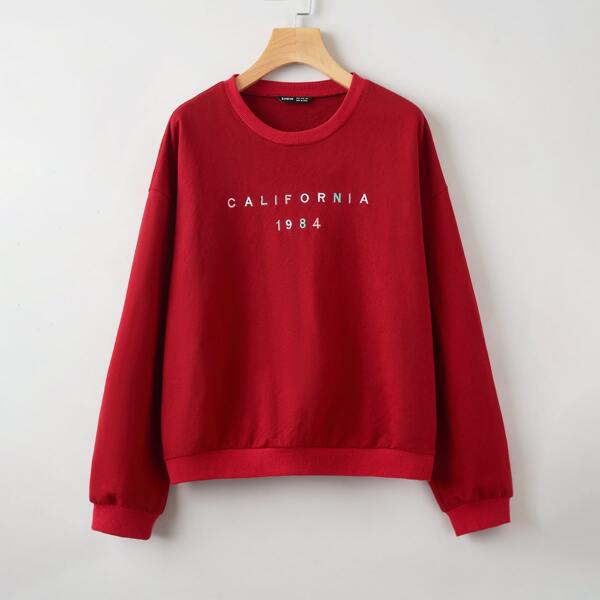 

Letter Embroidery Drop Shoulder Sweatshirt, Burgundy