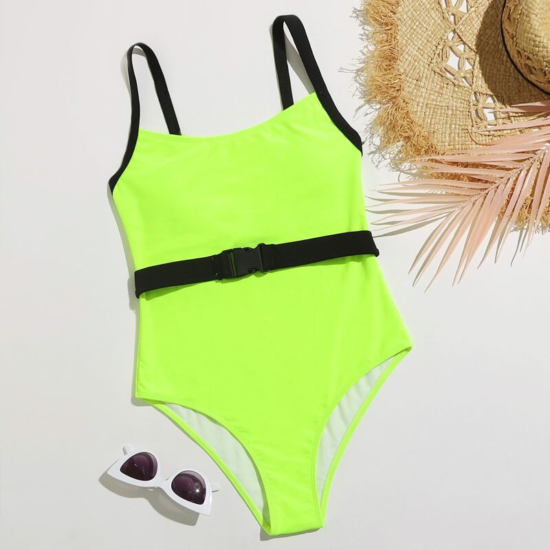 

Neon Lime Buckle Decor One Piece Swimsuit, Neon lime green