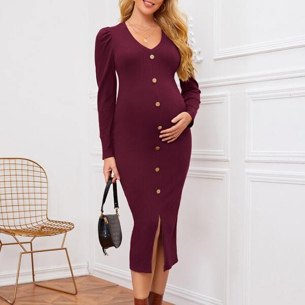 

Maternity Single Breasted Split Hem Rib-knit Dress, Maroon
